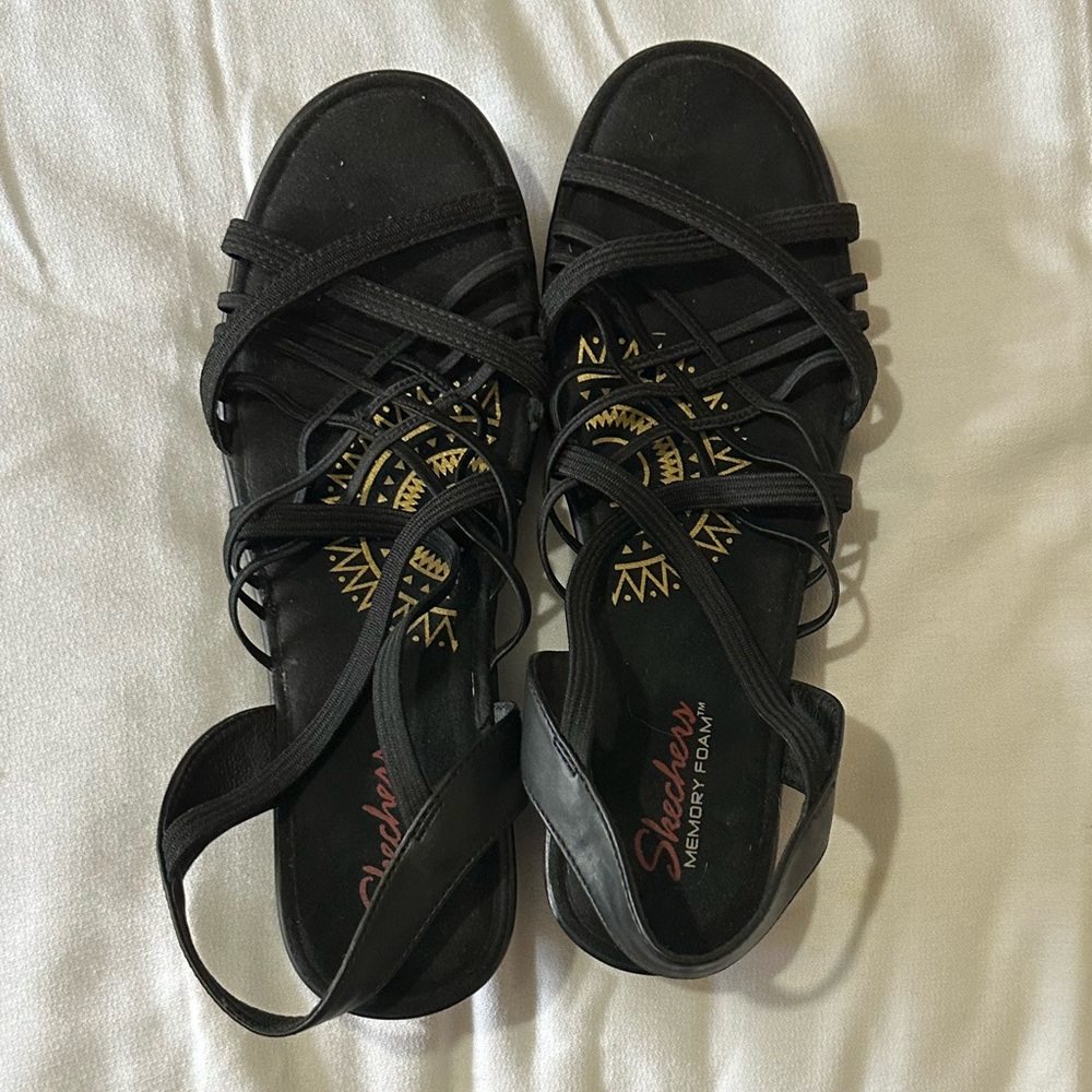 Skechers Black Strappy Elastic Slingback Sandals-Size 11, 2 1/2” wedge heel